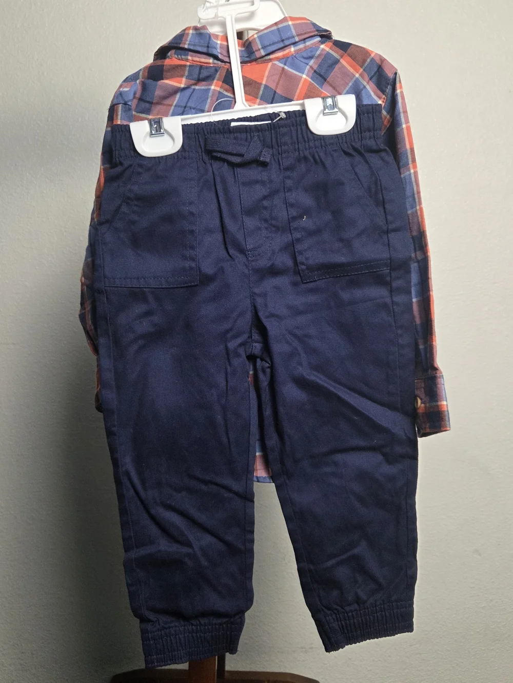 Toddler Plaid Button-Up Shirt & Navy Jogger Set
